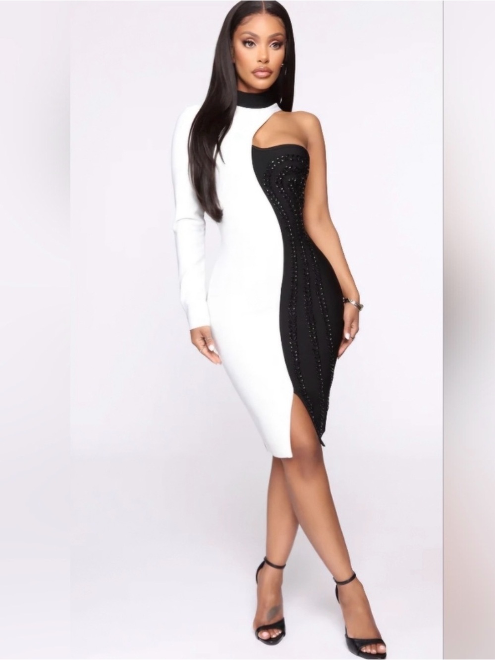 Fashion Nova Black & White Asymmetrical One-Shoulder Bodycon Dress